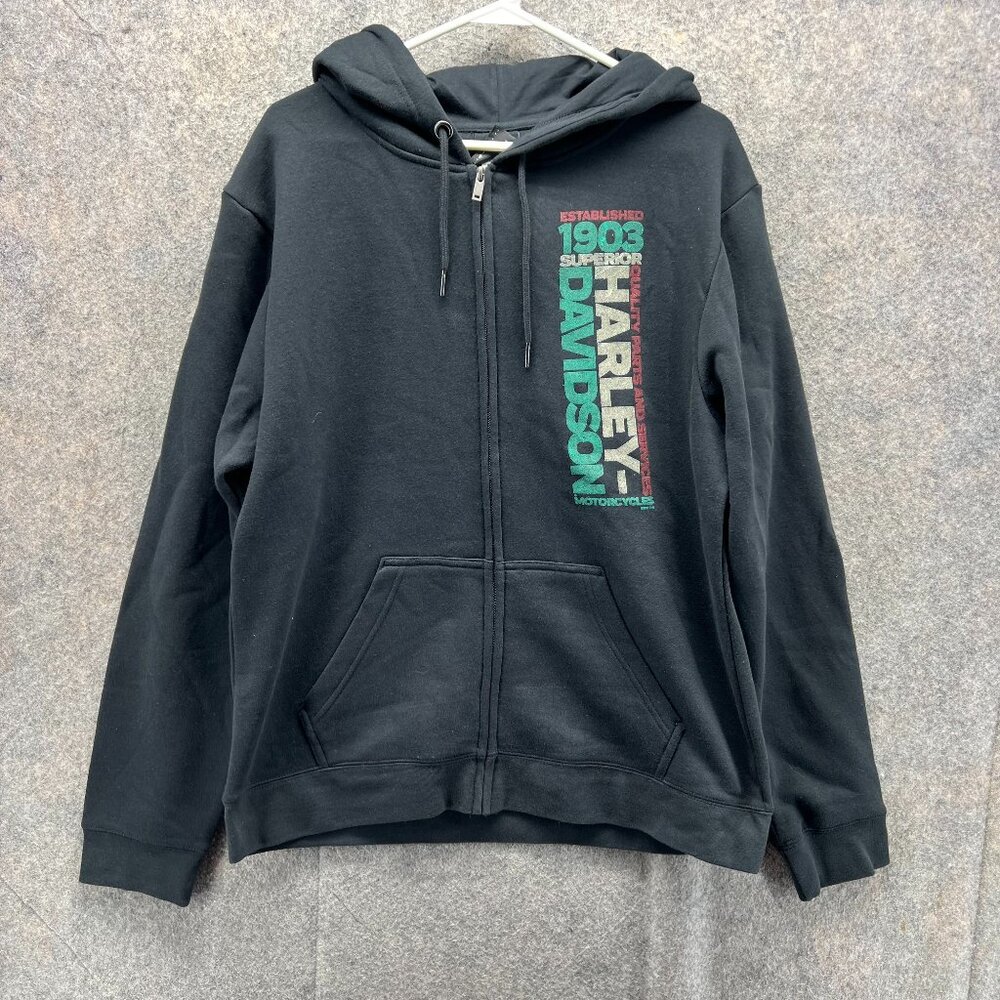 Harley Davidson Sweater Men Large Adult Black Hooded Jacket Fleece Full Zip